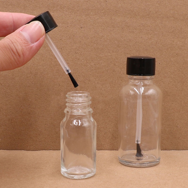 Botella de vidrio transparente vacía (con cepillo de tapa negra) para esmalte de uñas Nail Art Liquid Blush and Glue 5ml a 50ml
