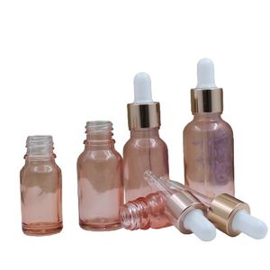 Vide clair rose bouteille en verre blanc en caoutchouc haut Traver portable essence cosmétique flacons compte-gouttes d'huile essentielle 5 ml 10 ml 15 ml 20 ml 30 ml 50 ml 100 ml