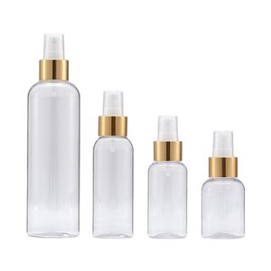 Bouteille en plastique transparente vide à épaule ronde, collier en or PET avec couvercle, pompe à presse blanche, récipient d'emballage cosmétique rechargeable portable 50ml 75ml 100ml 250ml