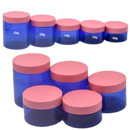 Bouteille en plastique d'emballage cosmétique vide Forme de colonne circulaire Pot bleu clair et noir Couverture rose Récipient d'emballage portable rechargeable 100g 120g 150g 200g 250g