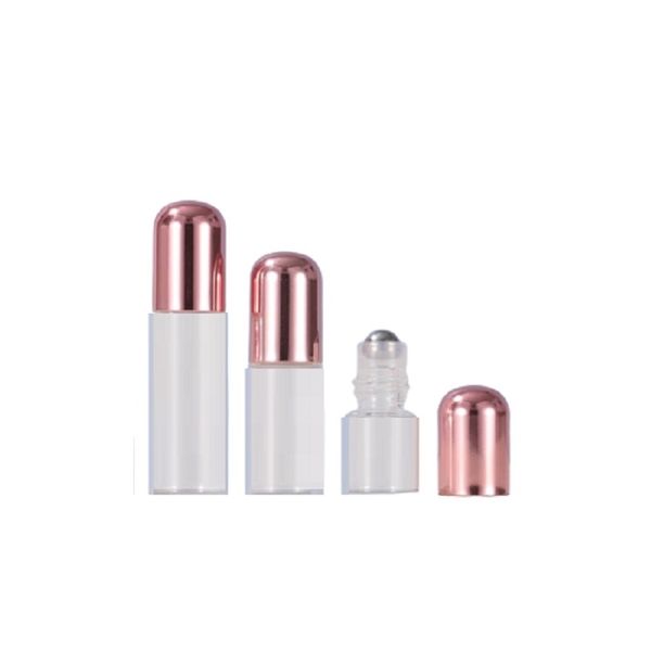 Rouleau de crème pour les yeux vide sur bouteille 1 ml 2 ml 3 ml 5 ml verre transparent huile essentielle petit échantillon flacons rond bouchon en or rose rouleau en acier parfum contenant rechargeable