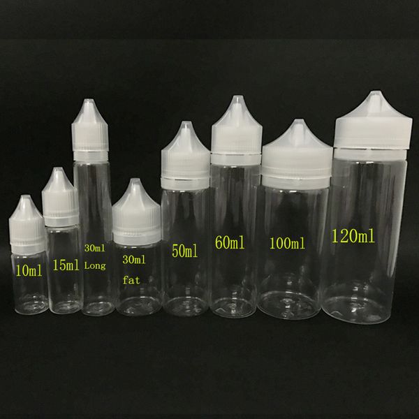 Botellas vacías de líquido E de grasa, 10ml, 15ml, 30ml, 60ml, 100ml, 120ml, viales cuentagotas de plástico largos para PET, logotipo de soporte para jugo electrónico personalizado