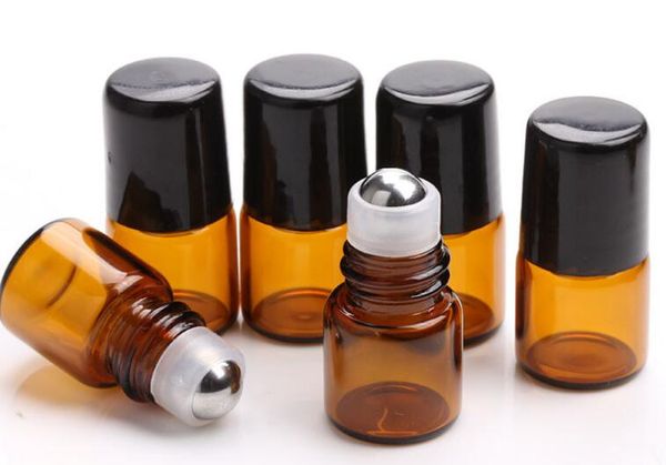 Mini botellas vacías de vidrio ámbar de 2ml, botella de Perfume líquido de aceite esencial con bola de rodillo de Metal, botellas pequeñas de muestra