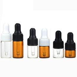 Lege Mini Essential Oil Bottle 1 ml 2 ml 3 ml Amber Clear Glass Druppper flessen met zwarte witte dop AOMRF