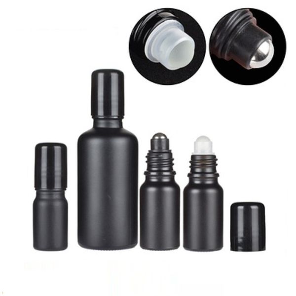 Embalaje vacío Vidrio Botella negra Forma protectora Tapa negra ligera Viales de aceite esencial Envase cosmético recargable portátil 5ml 10ml 15ml 20ml 30ml 50ml 100ml