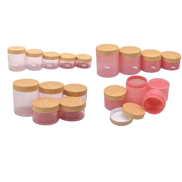 Emballage vide Bouteille en plastique Pot de crème en plastique rose Conteneur de couverture en faux bois Emballage cosmétique rechargeable portable 100G 120G 150G 200G 250G