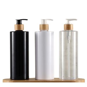 Empty PET Plastic Refillable Bottle Bamboo Wood Lotion Press Pump Cosmetic Packaging Containers Clear White Black Shampoo Shower Gel Bottles 300ml 500ml