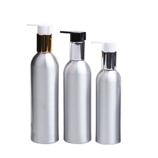 Bouteille de lotion en aluminium ronde vide Or Argent Pompe de presse Portable Cosmetic Essence Emulsion Gel douche Conteneur d'emballage rechargeable 150 ml 200 ml 250 ml