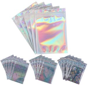 Sacs en Mylar alimentaire holographique en papier d'aluminium avec fermeture éclair vide, petites pochettes refermables à fermeture éclair étanche à l'eau, sac auto-scellant en plastique