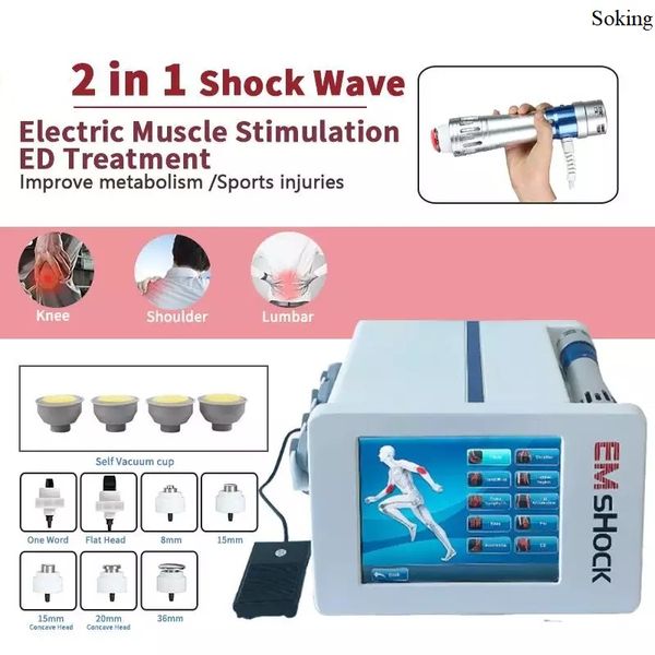 Machine de thérapie Emshock 2 en 1 Stimulateur musculaire électrique Ems Tasses Machine à ondes de choc Soulagement de la douleur par ondes de choc Physiothérapie Dysfonction érectile Traitement ED