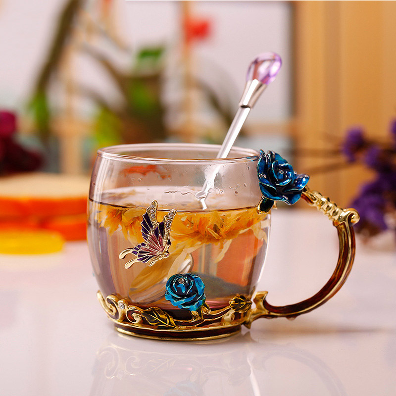 Tasse de thé à café en émail 3d rose papillon tasse de verre de mariage cadeau fleur tasse tasse de bois de verre à haute qualité couple