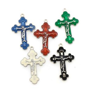 Emaille Crucifix Kruis Jezus Charms Hanger Religie Sieraden Bevindingen Componenten 5 Kleuren Antiek Zilver Hangers Sieraden DIY L424 100PCS / Lot 21x33.5mm Zegen