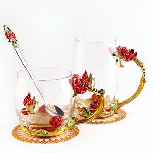Tasse en verre émaillé avec cuillère, tasse à café à fleurs résistante à la chaleur avec poignée, tasses à jus transparentes portables pour cadeau
