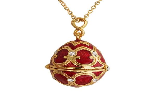 Émail fait à la main Fabergé oeuf de Pâques pendentif collier bijoux médaillon en laiton Vintage cristal trèfle à l'intérieur cadeau aux femmes filles 9871232