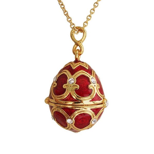 Émail fait à la main Fabergé oeuf de pâques pendentif collier bijoux médaillon en laiton Vintage cristal trèfle à l'intérieur cadeau aux femmes filles 320c