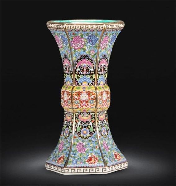 Vase Hexagonal doré en émail Qianlong, année de la dynastie Qing, Collection de porcelaine Antique 2109131118674