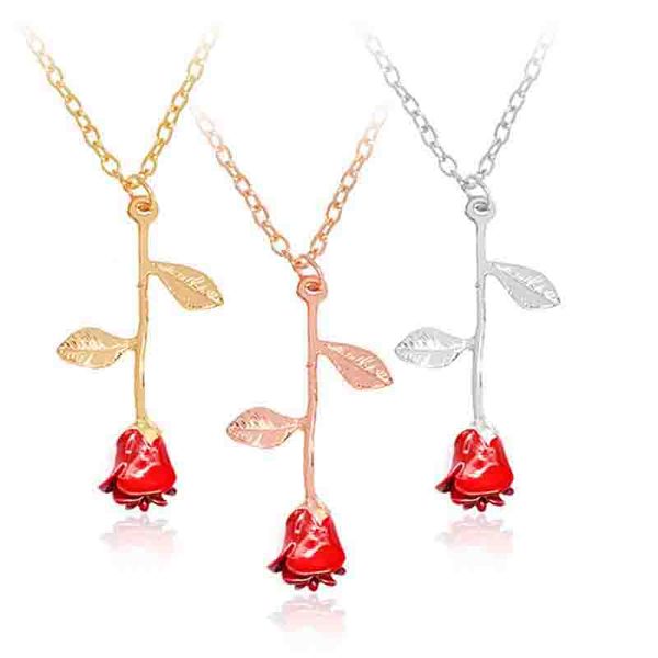 Collar de flor de rosa roja esmaltada, cadenas colgantes de flores de oro rosa y plata, collar de moda para mujer, joyería 2020, gran oferta