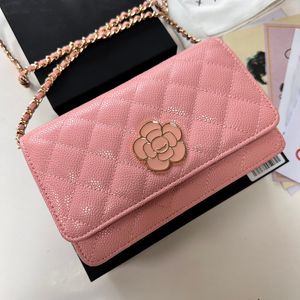 Émaillé Or Rose Matériel Femmes Designer Woc Sac Caviar / Cuir d'agneau Matelasse Chaîne 19x12cm Titulaire de la carte Portefeuille Embrayage Sac à main Bandoulière Sac à main