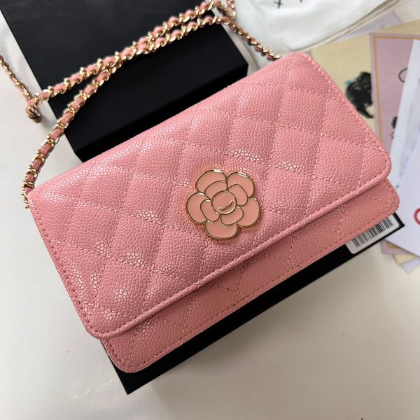 Hardware de oro rosa esmaltado Diseñador de mujeres Bolso Woc Caviar / Piel de cordero Cadena Matelasse 19x12 cm Titular de la tarjeta Cartera Monedero de embrague Bolso de hombro cruzado