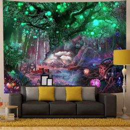 Tapiz de planta de bosque encantado fantasía misteriosa árbol de la cascada del río Decoración colgante de la pared para el dormitorio del hogar dormitorio de la sala del hogar