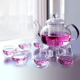 Service à thé Kung Fu, poêle encerclant, cuisson du thé, filtre, théière avec chauffage, Double couche, tasse de dégustation de thé, théière à fleurs