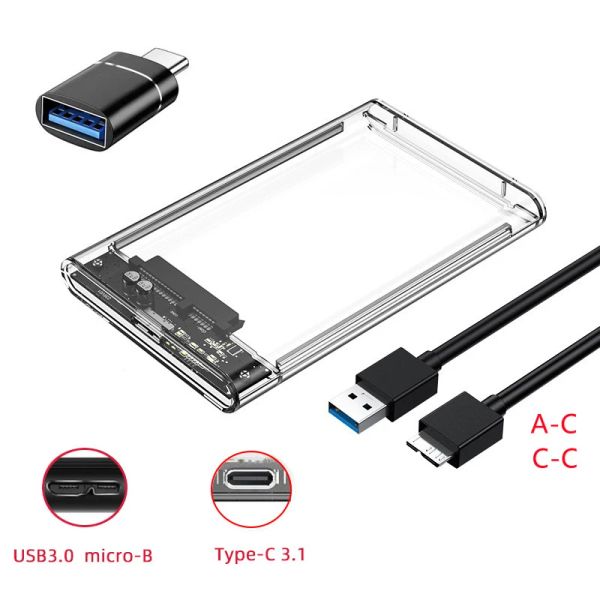 Enceinte 2,5 pouces HDD SSD Case SATA à USB 3.0 / Type C Tool Free Transparent externe Disculture du disque de disque