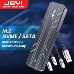 Behuizing Jeyi M.2 NVME SATA SSD -behuizing, USB C 3.2 Gen 2 10GBPS of 6GBPS SATA MKEY (B+M Key) SSD Reader Dual Protocol Hard Disk Case