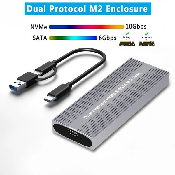 Cubre SSD NVME M2 Caso de la carcasa Dual Protocolo M.2 SATA NVME SSD Caja libre de herramienta de caja externa para M/B+M Clave 2230 2242 2260 2280 M2 SSD