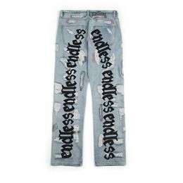 Eindeloze Mannen Dames Jeans Hoge Kwaliteit Hip Hop Denim Broek Borduurkunde Gebroken Do Old Hole Streetwear Jeans 210319