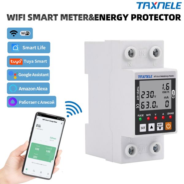 Compteurs d'énergie 63A TUYA WiFi Smart Earth Leakage Over Under Voltage Protector Relay Device Switch Disjoncteur Puissance kWh Meter Life 230428