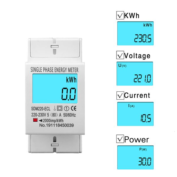 Medidores de energía 80A Carril Din Monofásico Dos cables LCD Pantalla digital Consumo de energía Medidor eléctrico kWh AC 220V 230V 50Hz/60Hz 230428