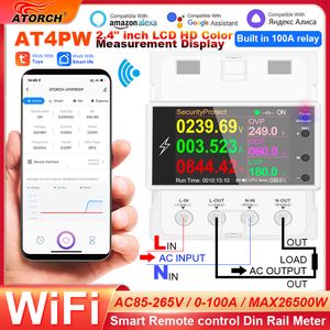 Energiemeters AT4PW 100A Tuya WiFi Din Rail Smart Switch Remote Control AC 220V 110V Digitale Power Volt AMP KWh Frequentiefactor Meter 230428