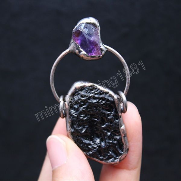 Pierres d'énergie Quartz Naturel Pendentifs Charme pour Femme Roche Irrégulière Lave Noire Brute Améthystes Cristal Violet Pendule Reiki Guérison