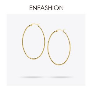 Enfashion Pendientes de aro grandes Pendientes de línea delgada de color dorado Pendientes circulares de acero inoxidable para mujer Joyería al por mayor J190628