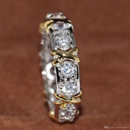 Anillo de compromiso de diamantes matrimonio Diamante simulado 10KT Anillo de boda lleno de oro blanco y amarillo Anillo cruzado Tamaño 5-11