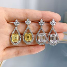 Engagement Emerald Cut Topaz Diamond Dangle Earring 100% echte Sterling Sier Wedding Drop Oorbellen voor vrouwen sieraden cadeau