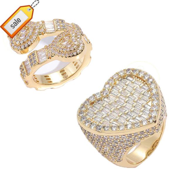 Cadeau de fiançailles serti de broches en laiton CZ bijoux de luxe femmes hommes cubique Zircon Hip Hop glacé Bling Baguette Double coeur anneau