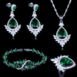 Engagement Sieraden Zilveren Kleur Sieraden Sets Women's Green Cubic Zirkoon Oorbellen / Ringen / Hanger / Ketting / Armbanden Sets H1022