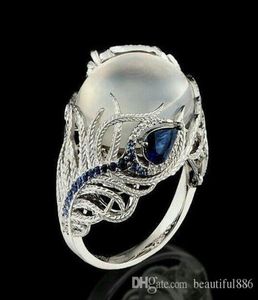 Anneaux de mariage de fiançailles Anneau argenté créatif vintage pour femmes Blue Opal Flower Moonstone Jewelry9763838
