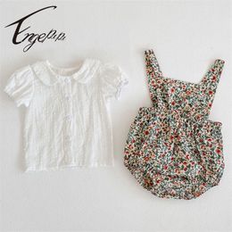 EngePapa Zomer Baby Meisje Pak Kleding Korte Mouw Dot Shirt Top + Bloemen Jumpsuit Set Infant Romper Kleding 220326
