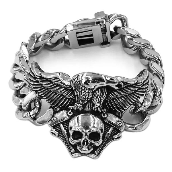 Bracelet crâne aigle moteur en acier inoxydable, bijoux de grande personnalité, motard Vintage pour hommes garçons SJB0368 240105