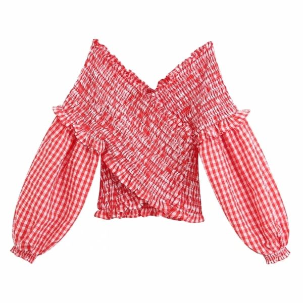 Englan Style Femmes rouge à carreaux élastique blouse courte chemisier chemises femmes lanterne manches agaric dentelle slim femininas tops LJ200812