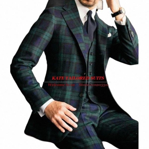 Angleterre Busin Costumes pour hommes Slim Fit vert Plaid Check 3 pièces ensemble veste gilet pantalon marié porter Banquet Party Tuxedo Tailore u4tx #