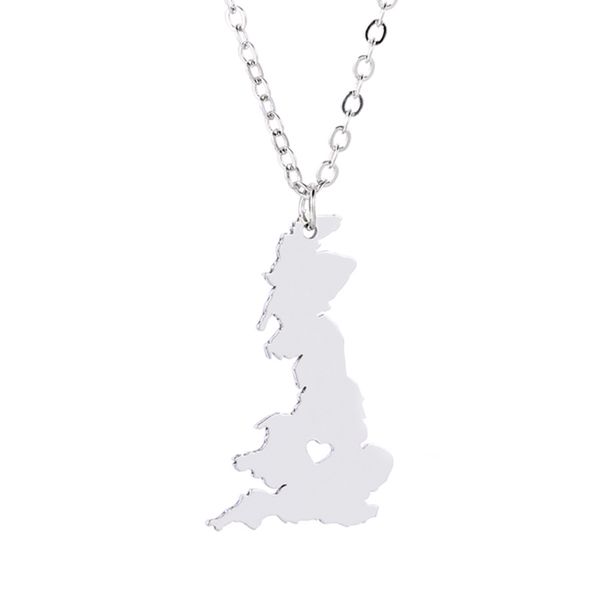 Collier pendentif carte d'angleterre avec cœur d'amour, colliers géométriques en acier inoxydable pour femmes, bijoux de charme, vente en gros