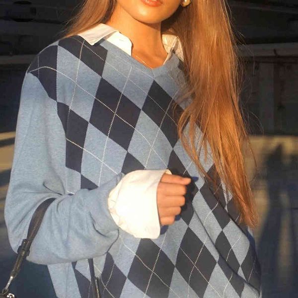 Suéter de punto geométrico Argyle de estilo inglés para mujer, suéter Vintage a cuadros de otoño cálido de manga larga Y2K, Tops, jerséis de invierno 210415