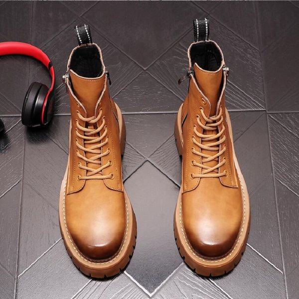 Botas de moto estilo inglés para hombre, a la moda, para discoteca, zapatos blancos y negros, botas con plataforma alta, botas de cuero natural para hombre D2A62