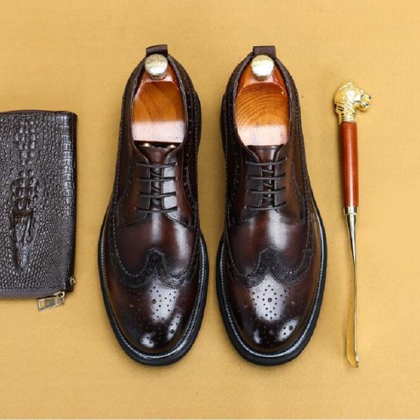 Angleterre Style hommes en cuir véritable richelieu chaussures fond épais bout d'aile chaussures pour hommes affaires bureau robe chaussures de mariage 1AA23