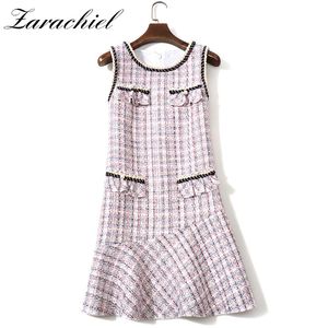 Engeland stijl plaid tweed dames mouwloze ronde kraag parels weven ruches tank vrouwelijke wollen zeemeermin mini-jurk 210416