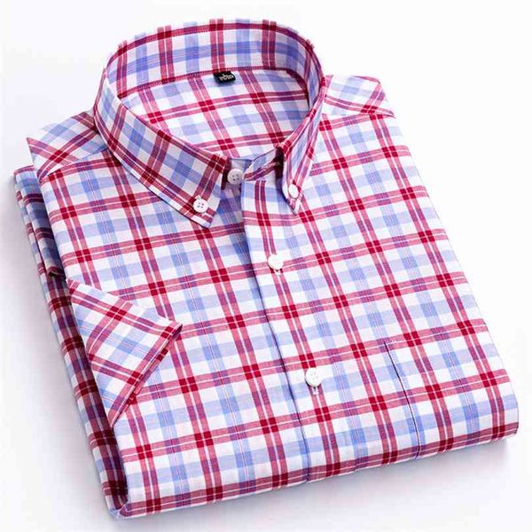 Angleterre style doux 100% coton chemises à manches courtes simple poche plaquée été décontracté standard-fit boutonné chemise à carreaux 210626