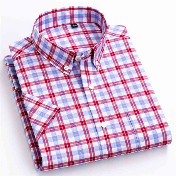 Camicie a maniche corte in morbido cotone 100% stile Inghilterra Camicia a righe scozzesi abbottonata abbottonata casual estiva con taschino singolo 210708